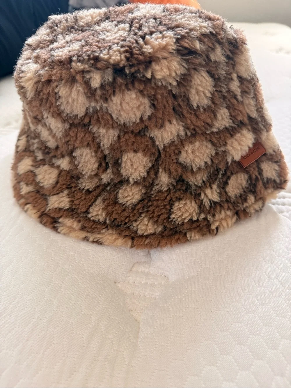 Coach Brown Signature Monogram Bucket Hat with Fur Trim